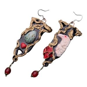Artisan Folklore Raven Earrings Polymer Clay Sterling Silver Art Nouveau Gothic
